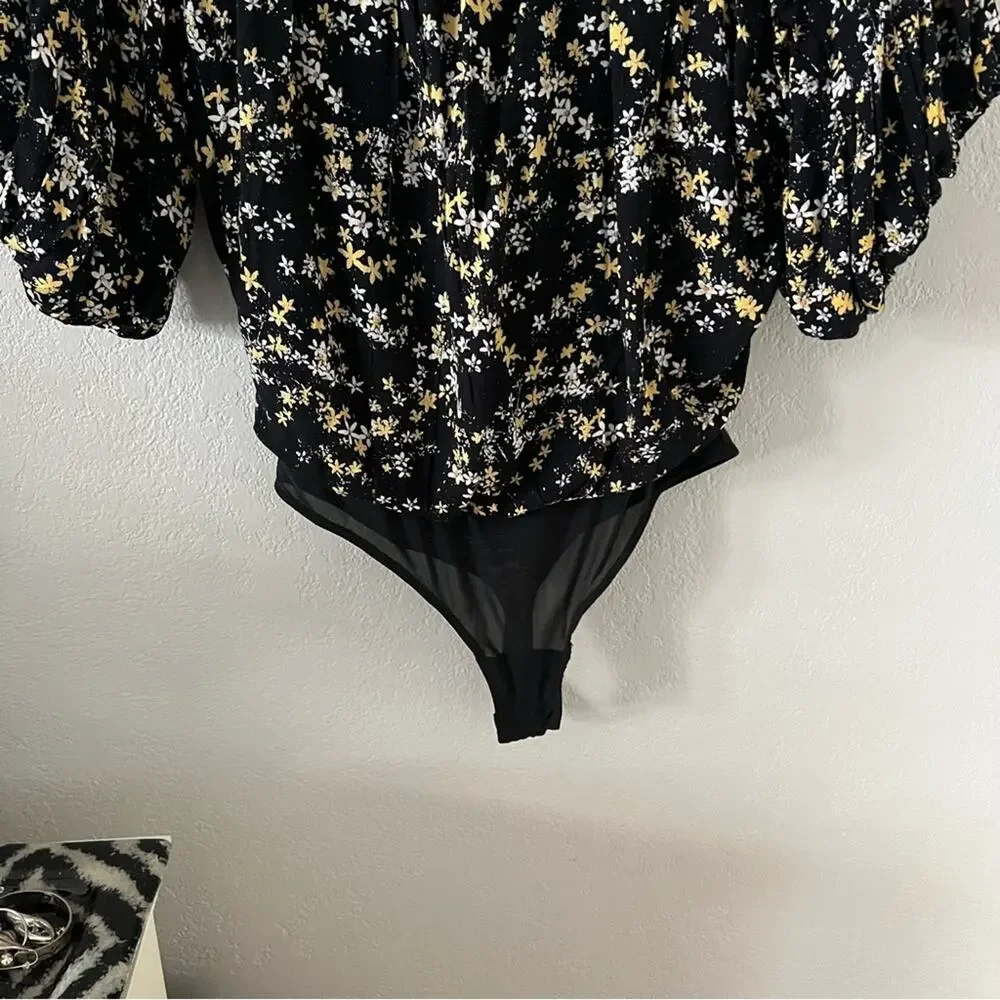 Free People Dessa Black Floral Puff-Sleeve Bodysuit